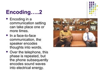 Encoding…..2






Encoding in a
communication setting
can take place one or
more times.
In a face-to-face
communication, the
speaker encodes
thoughts into words.
Over the telephone, this
phase is repeated, but
the phone subsequently
encodes sound waves
into electrical energy.

 