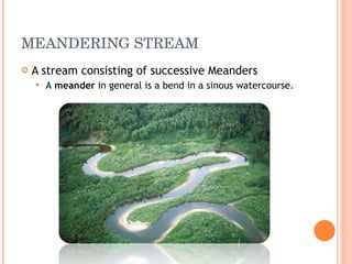 MEANDERING STREAM A stream consisting of successive Meanders A  meander  in general is a bend in a sinous watercourse.  