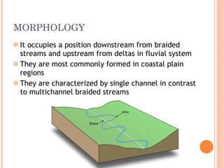 MORPHOLOGY It occupies a position downstream from braided streams and upstream from deltas in fluvial system They are most commonly formed in coastal plain regions They are characterized by single channel in contrast to multichannel braided streams 