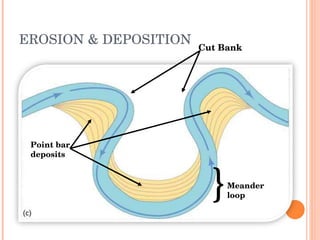 EROSION & DEPOSITION Point bar deposits } Meander loop Cut Bank 