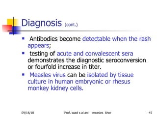 Diagnosis  (cont.) Antibodies become  detectable when the rash appears ; testing of  acute and convalescent sera  demonstrates the diagnostic seroconversion or fourfold increase in titer. Measles virus  can be  isolated by tissue culture in human embryonic or rhesus monkey kidney cells. 