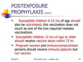 POSTEXPOSURE PROPHYLAXIS  (cont.)   Susceptible children 6-12 mo  of age  should  also be  vaccinated ; this vaccination does not count as one of the two required measles vaccinations. Susceptible children 12 mo of age or older   should  receive  vaccine   alone within 72 hr . Pregnant women  and  immunocompromised  persons should receive  immune globulin  but  not vaccine 