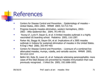 References Centers for Disease Control and Prevention. : Epidemiology of measles – United States, 2001–2003.   MMWR   2004; 53:713-716  Progress towards measles elimination, western hemisphere, 2002–2003 :  Wkly Epidemiol Rec.   2004; 79:149-151 Yeung LF, Lurie P, Dayan G, et al: A limited measles outbreak in a highly vaccinated US boarding school.  Pediatrics  2005; 116:1287. Parker AA, Staggs W, Dayan GH, et al: Implications of a 2005 measles outbreak in Indiana for sustained elimination of measles in the United States.  N Engl J Med  2006; 355:447-455 Centers for Disease Control and Prevention. : Licensure of a combined live attenuated measles, mumps, rubella, and varicella vaccine.  MMWR  2005; 54:1212-1214 Bellini WJ, Rota JS, Lowe LE, et al: Subacute sclerosing panencephalitis: more cases of this fatal disease are prevented by measles immunization than was previously recognized.  J Infect Dis  2005; 192:1686-1693. 