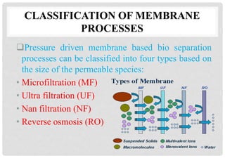 CLASSIFICATION OF MEMBRANE
PROCESSES
Pressure driven membrane based bio separation
processes can be classified into four types based on
the size of the permeable species:
• Microfiltration (MF)
• Ultra filtration (UF)
• Nan filtration (NF)
• Reverse osmosis (RO)
 