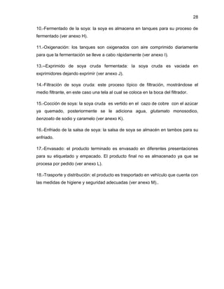 28
10.-Fermentado de la soya: la soya es almacena en tanques para su proceso de
fermentado (ver anexo H).
11.-Oxigenación: los tanques son oxigenados con aire comprimido diariamente
para que la fermentación se lleve a cabo rápidamente (ver anexo I).
13.--Exprimido de soya cruda fermentada: la soya cruda es vaciada en
exprimidores dejando exprimir (ver anexo J).
14.-Filtración de soya cruda: este proceso típico de filtración, mostrándose el
medio filtrante, en este caso una tela al cual se coloca en la boca del filtrador.
15.-Cocción de soya: la soya cruda es vertido en el cazo de cobre con el azúcar
ya quemado, posteriormente se le adiciona agua, glutamato monosodico,
benzoato de sodio y caramelo (ver anexo K).
16.-Enfriado de la salsa de soya: la salsa de soya se almacén en tambos para su
enfriado.
17.-Envasado: el producto terminado es envasado en diferentes presentaciones
para su etiquetado y empacado. El producto final no es almacenado ya que se
procesa por pedido (ver anexo L).
18.-Trasporte y distribución: el producto es trasportado en vehículo que cuenta con
las medidas de higiene y seguridad adecuadas (ver anexo M)..

 