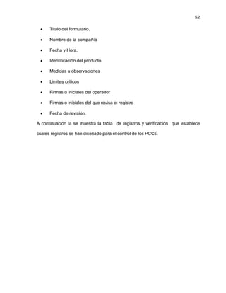 52


Titulo del formulario.



Nombre de la compañía



Fecha y Hora.



Identificación del producto



Medidas u observaciones



Limites críticos



Firmas o iniciales del operador



Firmas o iniciales del que revisa el registro



Fecha de revisión.

A continuación la se muestra la tabla de registros y verificación que establece
cuales registros se han diseñado para el control de los PCCs.

 