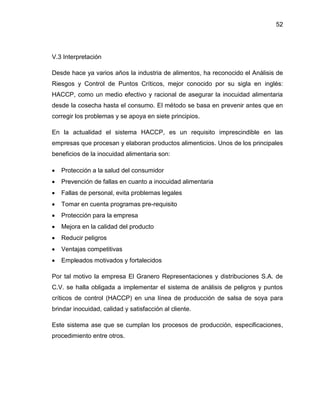 52

V.3 Interpretación
Desde hace ya varios años la industria de alimentos, ha reconocido el Análisis de
Riesgos y Control de Puntos Críticos, mejor conocido por su sigla en inglés:
HACCP, como un medio efectivo y racional de asegurar la inocuidad alimentaria
desde la cosecha hasta el consumo. El método se basa en prevenir antes que en
corregir los problemas y se apoya en siete principios.
En la actualidad el sistema HACCP, es un requisito imprescindible en las
empresas que procesan y elaboran productos alimenticios. Unos de los principales
beneficios de la inocuidad alimentaria son:


Protección a la salud del consumidor



Prevención de fallas en cuanto a inocuidad alimentaria



Fallas de personal, evita problemas legales



Tomar en cuenta programas pre-requisito



Protección para la empresa



Mejora en la calidad del producto



Reducir peligros



Ventajas competitivas



Empleados motivados y fortalecidos

Por tal motivo la empresa El Granero Representaciones y distribuciones S.A. de
C.V. se halla obligada a implementar el sistema de análisis de peligros y puntos
críticos de control (HACCP) en una línea de producción de salsa de soya para
brindar inocuidad, calidad y satisfacción al cliente.
Este sistema ase que se cumplan los procesos de producción, especificaciones,
procedimiento entre otros.

 