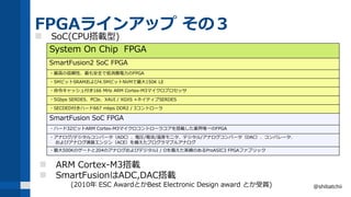 FPGAラインアップ その３
@shibatchii
 SoC(CPU搭載型)
 ARM Cortex-M3搭載
 SmartFusionはADC,DAC搭載
(2010年 ESC AwardとかBest Electronic Design award とか受賞)
System On Chip FPGA
SmartFusion2 SoC FPGA
・最高の信頼性、最も安全で低消費電力のFPGA
・5MビットSRAMおよび4.5MビットNVMで最大150K LE
・命令キャッシュ付き166 MHz ARM Cortex-M3マイクロプロセッサ
・5Gbps SERDES、PCIe、XAUI / XGXS +ネイティブSERDES
・SECDED付きハード667 mbps DDR2 / 3コントローラ
SmartFusion SoC FPGA
・ハード32ビットARM Cortex-M3マイクロコントローラコアを搭載した業界唯一のFPGA
・アナログ/デジタルコンバータ（ADC）、電圧/電流/温度モニタ、デジタル/アナログコンバータ（DAC）、コンパレータ、
およびアナログ演算エンジン（ACE）を備えたプログラマブルアナログ
・最大500Kのゲートと204のアナログおよびデジタルI / Oを備えた実績のあるProASIC3 FPGAファブリック
 