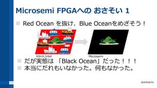 Microsemi FPGAへの おさそい 1
 Red Ocean を抜け、Blue Oceanをめざそう！
@shibatchii
 だが実態は 「Black Ocean」だった！！！
 本当にだれもいなかった。何もなかった。
XilinX,Intel Microsemi
 