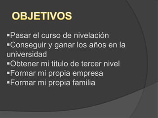 Pasar el curso de nivelación
Conseguir y ganar los años en la
universidad
Obtener mi titulo de tercer nivel
Formar mi propia empresa
Formar mi propia familia
 