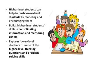 • Higher-level students can
help to push lower-level
students by modeling and
encouraging them
• Builds higher-level students'
skills in consolidating
information and mentoring
others
• Exposes lower-level
students to some of the
higher-level thinking
questions and problem-
solving skills
 