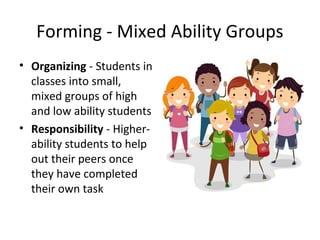 Forming - Mixed Ability Groups
• Organizing - Students in
classes into small,
mixed groups of high
and low ability students
• Responsibility - Higher-
ability students to help
out their peers once
they have completed
their own task
 