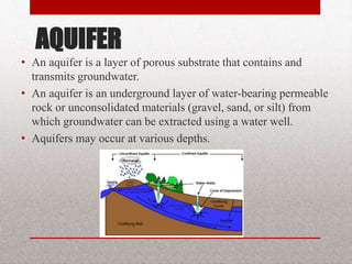 AQUIFER
• An aquifer is a layer of porous substrate that contains
and transmits groundwater.
• An aquifer is an underground layer of water-bearing
permeable rock or unconsolidated materials (gravel,
sand, or silt) from which groundwater can be extracted
using a water well.
• Aquifers may occur at various depths.
BITS Edu Campus Prof. Ankit Patel 11
 