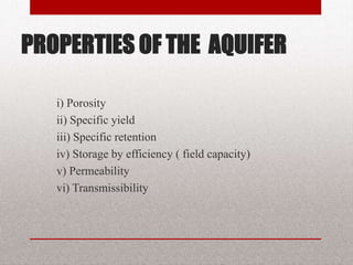 PROPERTIES OF THE AQUIFER
i) Porosity
ii) Specific yield
iii) Specific retention
iv) Storage by efficiency ( field
capacity)
v) Permeability
vi) Transmissibility
BITS Edu Campus Prof. Ankit Patel 27
 