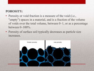 POROSITY:
• Porosity or void fraction is a measure of the
void (i.e., "empty") spaces in a material, and
is a fraction of the volume of voids over the
total volume, between 0–1, or as a
percentage between 0–100%.
• Porosity of surface soil typically decreases as
particle size increases.
BITS Edu Campus Prof. Ankit Patel 28
 