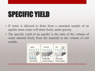 SPECIFIC YIELD
• If water is allowed to drain from a saturated
sample of an aquifer some water will drain
freely under gravity.
• The specific yield of an aquifer is the ratio of
the volume of water drained freely from the
material to the volume of soil sample.
BITS Edu Campus Prof. Ankit Patel 29
 