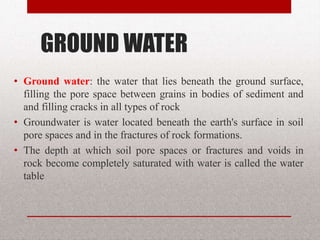 GROUND WATER
• Ground water: the water that lies beneath the ground
surface, filling the pore space between grains in bodies
of sediment and and filling cracks in all types of rock
• Groundwater is water located beneath the earth's
surface in soil pore spaces and in the fractures of rock
formations.
• The depth at which soil pore spaces or fractures and
voids in rock become completely saturated with water is
called the water table
BITS Edu Campus Prof. Ankit Patel 3
 