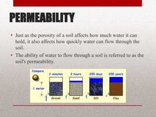 PERMEABILITY
• Just as the porosity of a soil affects how
much water it can hold, it also affects how
quickly water can flow through the soil.
• The ability of water to flow through a soil is
referred to as the soil's permeability.
BITS Edu Campus Prof. Ankit Patel 31
 