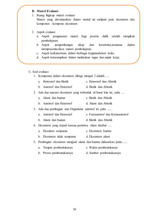 16
C. Soal evaluasi
1. Komponen dalam ekosistem dibagi menjad 2 adalah ....
a. Heterotof dan Biotik c. Heterotof dan Abiotik
b. Autotrof dan Heterotof d. Biotik dan Abiotik
2. Ada dua macam ekosistem yang terbentuk di bumi kita ini, yaitu ....
a. Alami dan buatan c. Biotik dan Abiotik
b. Autotrof dan Heterotof d. Alami dan Abiotik
3. Ada dua pembagian atas Organisme autotrof ini yaitu ......
a. Autotrof dan Heterotof c. Fotoautotrof dan Kemoautotrof
b. Alami dan buatan d. Biotik dan Abiotik
4. Ekosistem yang terjadi karena peristiwa Alam disebut .....
a. Ekositem sempurna c. Ekosistem buatan
b. Ekosistem tidak sempurna d. Ekosistem alami
5. Pembagian ekosistem menjjadi alami dan buatan didasarkan pada ......
a. Tempat pembentukanya c. Waktu pembentukanya
b. Proses pembentukannya d. Sumber pembentukannya
B. Materi Evaluasi
1. Ruang lingkup materi evaluasi
Materi yang dievaluasikan dalam modul ini meliputi jenis ekosistem dan
komponen –kompone ekosistem
2. Aspek evaluasi
a. Aspek penguasaan materi bagi peserta didik setelah mengikuti
pembelajaran.
b. Aspek pengembangan sikap dan kreativitas,terutama dalam
mempresentasikan materi pembelajaran.
c. Aspek keikutsertaan dalam berbagai kegiatandalam kelas.
d. Aspek keterampikan dalam melakukan tugas dan unjuk kerja.
 