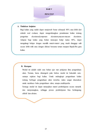 17
BAB V
PENUTUP
A. Tindakan lanjutan
Bagi kalian yang sudah dapat menjawab benar sebanyak 80% atau lebih dari
seluruh soal evaluasi, dapat mengembangkan pemahaman kalian tentang
pengertian ekosistem,komponen ekosistem,macam-macam ekosistem.
Adapun bagi kalian yang belum mencapai belajr tuntas 80%, dapat
mengulangi belajar dengan memilih materi-materi yang masih dianggap sulit
secara lebih teliti atau dengan diskusi bersama teman maupun Bapak/Ibu guru
kalian.
B. Harapan
Modul ini adalah salah satu bahan ajar mat pelajaran ilmu pengetahuan
alam. Namun, harus dimengerti pula bahwa modul ini bukanlah satu-
satunya rujukan bagi kalian. Untuk melengkapi pengetahuan kalian
tentang berbagai pengetahuan alam tersebut, maka sangat disarankan
untuk membaca buku pengetahuan alam, ataupu ensiklopedia.
Semoga modul ini dapat menyajikan materi pembelajaran secara menarik
dan menyenangkan, sehingga proses pembelejaran bisa berlangsung
efektif dan efesien.
 