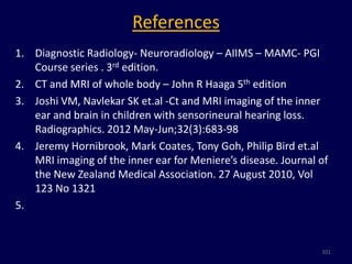 References
1. Diagnostic Radiology- Neuroradiology – AIIMS – MAMC- PGI
   Course series . 3rd edition.
2. CT and MRI of whole body – John R Haaga 5th edition
3. Joshi VM, Navlekar SK et.al -Ct and MRI imaging of the inner
   ear and brain in children with sensorineural hearing loss.
   Radiographics. 2012 May-Jun;32(3):683-98
4. Jeremy Hornibrook, Mark Coates, Tony Goh, Philip Bird et.al
   MRI imaging of the inner ear for Meniere’s disease. Journal of
   the New Zealand Medical Association. 27 August 2010, Vol
   123 No 1321
5.


                                                               101
 