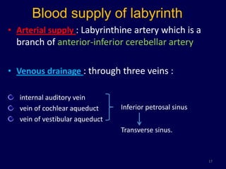 Blood supply of labyrinth
• Arterial supply : Labyrinthine artery which is a
  branch of anterior-inferior cerebellar artery

• Venous drainage : through three veins :

   internal auditory vein
   vein of cochlear aqueduct     Inferior petrosal sinus
   vein of vestibular aqueduct
                                 Transverse sinus.



                                                           17
 