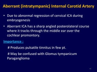 Aberrant (intratympanic) Internal Carotid Artery

• Due to abnormal regression of cervical ICA during
  embryogenesis
• Aberrant ICA has a sharp angled posterolateral course
  where it tracks through the middle ear over the
  cochlear promontory.
Importance :
  # Produces pulsatile tinnitus in few pt.
  # May be confused with Glomus tympanicum
  Paraganglioma

                                                          43
 