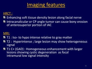 Imaging features
HRCT :
  Enhancing soft tissue density lesion along facial nerve
  Intracanalicular or CP angle tumor can cause bony erosion
  of anterosuperior portion of IAC

MRI:
 T1 : Iso- to hypo intense relative to gray matter
 T2 : Hyperintense ; large lesion may show heterogeneous
 signal
 T1 C+ (GAD) : Homogeneous enhancement with larger
 lesions showing cystic degeneration as focal
 intramural low signal intensity

                                                         70
 