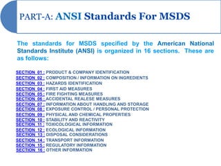 PART-A: ANSI Standards For MSDS


The standards for MSDS specified by the American National
Standards Institute (ANSI) is organized in 16 sections. These are
as follows:

SECTION   01 : PRODUCT & COMPANY IDENTIFICATION
SECTION   02 : COMPOSITION / INFORMATION ON INGREDIENTS
SECTION   03 : HAZARDS IDENTIFICATION
SECTION   04 : FIRST AID MEASURES
SECTION   05 : FIRE FIGHTING MEASURES
SECTION   06 : ACCIDENTAL REALESE MEASURES
SECTION   07 : INFORMATION ABOUT HANDLING AND STORAGE
SECTION   08 : EXPOSURE CONTROL / PERSONAL PROTECTION
SECTION   09 : PHYSICAL AND CHEMICAL PROPERTIES
SECTION   10 : STABILITY AND REACTIVITY
SECTION   11 : TOXICOLOGICAL INFORMATION
SECTION   12 : ECOLOGICAL INFORMATION
SECTION   13 : DISPOSAL CONSIDERATIONS
SECTION   14 : TRANSPORT INFORMATION
SECTION   15 : REGULATORY INFORMATION
SECTION   16 : OTHER INFORMATION
 