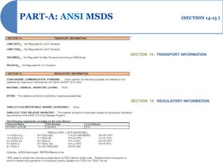 PART-A: ANSI MSDS                         (SECTION 14-15 )




                    SECTION 14 : TRANSPORT INFORMATION




                    SECTION 15 : REGULATORY INFORMATION
 