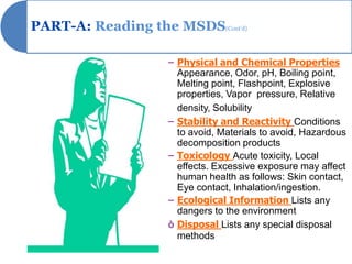 PART-A: Reading the MSDS(Cont’d)

                    – Physical and Chemical Properties
                      Appearance, Odor, pH, Boiling point,
                      Melting point, Flashpoint, Explosive
                      properties, Vapor pressure, Relative
                      density, Solubility
                    – Stability and Reactivity Conditions
                      to avoid, Materials to avoid, Hazardous
                      decomposition products
                    – Toxicology Acute toxicity, Local
                      effects. Excessive exposure may affect
                      human health as follows: Skin contact,
                      Eye contact, Inhalation/ingestion.
                    – Ecological Information Lists any
                      dangers to the environment
                    ò Disposal Lists any special disposal
                      methods
 