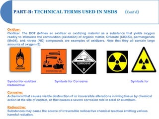 PART-B: TECHNICAL TERMS USED IN MSDS                                           (Cont’d)


Oxidizer:
Oxidizer. The DOT defines an oxidizer or oxidizing material as a substance that yields oxygen
readily to stimulate the combustion (oxidation) of organic matter. Chlorate (CIOI23), permanganate
(Mn04), and nitrate (NO) compounds are examples of oxidizers. Note that they all contain large
amounts of oxygen (0).




Symbol for oxidizer              Symbols for Corrosive                                 Symbols for
Radioactive

Corrosive:
A chemical that causes visible destruction of or irreversible alterations in living tissue by chemical
action at the site of contact, or that causes a severe corrosion rate in steel or aluminum.

Radioactive:
Substances may cause the source of irreversible radioactive chemical reaction emitting various
harmful radiation.
 