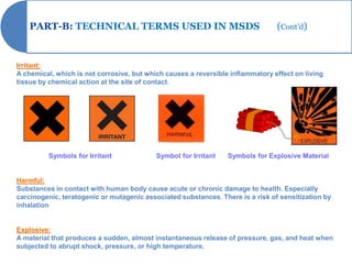 PART-B: TECHNICAL TERMS USED IN MSDS                                        (Cont’d)


Irritant:
A chemical, which is not corrosive, but which causes a reversible inflammatory effect on living
tissue by chemical action at the site of contact.




         Symbols for Irritant              Symbol for Irritant   Symbols for Explosive Material


Harmful:
Substances in contact with human body cause acute or chronic damage to health. Especially
carcinogenic, teratogenic or mutagenic associated substances. There is a risk of sensitization by
inhalation


Explosive:
A material that produces a sudden, almost instantaneous release of pressure, gas, and heat when
subjected to abrupt shock, pressure, or high temperature.
 