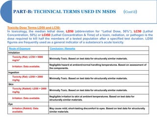 PART-B: TECHNICAL TERMS USED IN MSDS                                                             (Cont’d)


Toxicity Dose Terms LD50 and LC50:
In toxicology, the median lethal dose, LD50 (abbreviation for “Lethal Dose, 50%”), LC50 (Lethal
Concentration, 50%) or LCt50 (Lethal Concentration & Time) of a toxin, radiation, or pathogen is the
dose required to kill half the members of a tested population after a specified test duration. LD50
figures are frequently used as a general indicator of a substance's acute toxicity.
 Route of Exposure                  Conclusion / Remarks
Inhalation
   Toxicity (Rat): LC50 > 5000
                                    Minimally Toxic. Based on test data for structurally similar materials.
   mg/m³
                                    Negligible hazard at ambient/normal handling temperatures. Based on assessment of
   Irritation: Data available.
                                    the components.
Ingestion
   Toxicity (Rat): LD50 > 2000
                                    Minimally Toxic. Based on test data for structurally similar materials.
   mg/kg
Skin
   Toxicity (Rabbit): LD50 > 2000
                                    Minimally Toxic. Based on test data for structurally similar materials.
   mg/kg
                                    Negligible irritation to skin at ambient temperatures. Based on test data for
   Irritation: Data available.
                                    structurally similar materials.
Eye
   Irritation (Rabbit): Data        May cause mild, short-lasting discomfort to eyes. Based on test data for structurally
   available.                       similar materials.
 