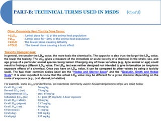 PART-B: TECHNICAL TERMS USED IN MSDS                                                           (Cont’d)



  Other Commonly Used Toxicity Dose Terms:
  LLD01        : Lethal dose for 1% of the animal test population
  D100         : Lethal dose for 100% of the animal test population
  LDLO         :The lowest dose causing lethality
  TDLO         : The lowest dose causing a toxic effect

Toxicity Comparison:
In general, the smaller the LD50 value, the more toxic the chemical is. The opposite is also true: the larger the LD50 value,
the lower the toxicity. The LD50 gives a measure of the immediate or acute toxicity of a chemical in the strain, sex, and
age group of a particular animal species being tested. Changing any of these variables (e.g., type animal or age) could
result in finding a different LD50 value. The LD50 test was neither designed nor intended to give information on long-term
exposure effects of a chemical. Once you have an LD50 value, it can be compared to other values by using a toxicity
scale. The two most common scales used are the "Hodge and Sterner Scale" and the "Gosselin, Smith and Hodge
Scale". It is also important to know that the actual LD50 value may be different for a given chemical depending on the
route of exposure (e.g., oral, dermal, inhalation)

For example, some LD50s for dichlorvos, an insecticide commonly used in household pesticide strips, are listed below:
Oral LD50 (rat)          : 56 mg/kg
Dermal LD50 (rat)        : 75 mg/kg
Intraperitoneal LD50     : (rat) 15 mg/kg
Inhalation LC50 (rat)    : 1.7 ppm (15 mg/m3); 4-hour exposure
Oral LD50 (rabbit)       : 10 mg/kg
Oral LD50 (pigeon)       : 23.7 mg/kg
Oral LD50 (rat)          : 56 mg/kg
Oral (mouse)             : 61 mg/kg
Oral (dog)               : 100 mg/kg
Oral (pig)               : 157 mg/kg
 