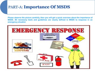 PART-A: Importance Of MSDS

Please observe the picture carefully, then you will get a quick overview about the importance of
MSDS. All necessary tools and guidelines are clearly defined in MSDS to response in an
emergency situation
 