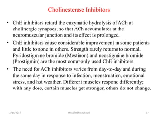 Cholinesterase Inhibitors
• ChE inhibitors retard the enzymatic hydrolysis of ACh at
cholinergic synapses, so that ACh accumulates at the
neuromuscular junction and its effect is prolonged.
• ChE inhibitors cause considerable improvement in some patients
and little to none in others. Strength rarely returns to normal.
Pyridostigmine bromide (Mestinon) and neostigmine bromide
(Prostigmin) are the most commonly used ChE inhibitors.
• The need for ACh inhibitors varies from day-to-day and during
the same day in response to infection, menstruation, emotional
stress, and hot weather. Different muscles respond differently;
with any dose, certain muscles get stronger, others do not change.
2/19/2017 37MYASTHENIA GRAVIS
 