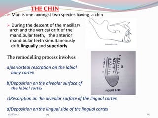 THE CHIN
 Man is one amongst two species having a chin
 During the descent of the maxillary
arch and the vertical drift of the
mandibular teeth, the anterior
mandibular teeth simultaneously
drift lingually and superiorly
The remodelling process involves
a)periosteal resorption on the labial
bony cortex
b)Deposition on the alveolar surface of
the labial cortex
c)Resorption on the alveolar surface of the lingual cortex
d)Deposition on the lingual side of the lingual cortex
603/1/2017 99
 