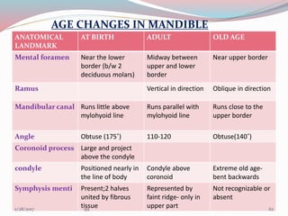 AGE CHANGES IN MANDIBLE
ANATOMICAL
LANDMARK
AT BIRTH ADULT OLD AGE
Mental foramen Near the lower
border (b/w 2
deciduous molars)
Midway between
upper and lower
border
Near upper border
Ramus Vertical in direction Oblique in direction
Mandibular canal Runs little above
mylohyoid line
Runs parallel with
mylohyoid line
Runs close to the
upper border
Angle Obtuse (175˚) 110-120 Obtuse(140˚)
Coronoid process Large and project
above the condyle
condyle Positioned nearly in
the line of body
Condyle above
coronoid
Extreme old age-
bent backwards
Symphysis menti Present;2 halves
united by fibrous
tissue
Represented by
faint ridge- only in
upper part
Not recognizable or
absent
623/1/2017 99
 