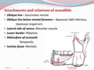 Attachments and relations of mandible
 Oblique line – buccinator muscle
 Oblique line below mental foramen – depressor labii inferious,
depressor anguli oris
 Lateral side of ramus- Masseter muscle
 Lower border- Platysma
 Midsurface of coronoid-
Temporalis
 Incisive fossa- Mentalis
73/1/2017 99
 