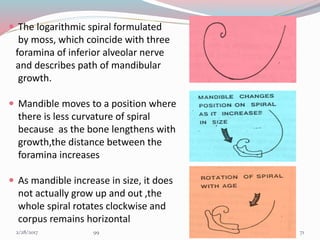  The logarithmic spiral formulated
by moss, which coincide with three
foramina of inferior alveolar nerve
and describes path of mandibular
growth.
 Mandible moves to a position where
there is less curvature of spiral
because as the bone lengthens with
growth,the distance between the
foramina increases
 As mandible increase in size, it does
not actually grow up and out ,the
whole spiral rotates clockwise and
corpus remains horizontal
713/1/2017 99
 