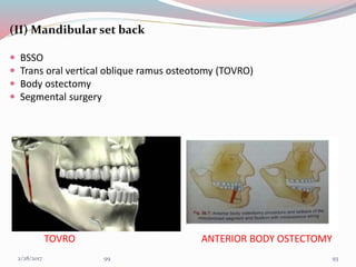 (II) Mandibular set back
 BSSO
 Trans oral vertical oblique ramus osteotomy (TOVRO)
 Body ostectomy
 Segmental surgery
TOVRO ANTERIOR BODY OSTECTOMY
933/1/2017 99
 