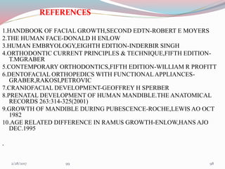 REFERENCES
1.HANDBOOK OF FACIAL GROWTH,SECOND EDTN-ROBERT E MOYERS
2.THE HUMAN FACE-DONALD H ENLOW
3.HUMAN EMBRYOLOGY,EIGHTH EDITION-INDERBIR SINGH
4.ORTHODONTIC CURRENT PRINCIPLES & TECHNIQUE,FIFTH EDITION-
T.MGRABER
5.CONTEMPORARY ORTHODONTICS,FIFTH EDITION-WILLIAM R PROFITT
6.DENTOFACIAL ORTHOPEDICS WITH FUNCTIONAL APPLIANCES-
GRABER,RAKOSI,PETROVIC
7.CRANIOFACIAL DEVELOPMENT-GEOFFREY H SPERBER
8.PRENATAL DEVELOPMENT OF HUMAN MANDIBLE.THE ANATOMICAL
RECORDS 263:314-325(2001)
9.GROWTH OF MANDIBLE DURING PUBESCENCE-ROCHE,LEWIS AO OCT
1982
10.AGE RELATED DIFFERENCE IN RAMUS GROWTH-ENLOW,HANS AJO
DEC.1995
.
983/1/2017 99
 