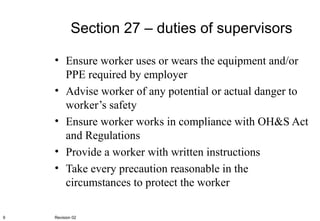 Section 27 – duties of supervisors Ensure worker uses or wears the equipment and/or PPE required by employer Advise worker of any potential or actual danger to worker’s safety Ensure worker works in compliance with OH&S Act and Regulations Provide a worker with written instructions Take every precaution reasonable in the circumstances to protect the worker Revision 02 