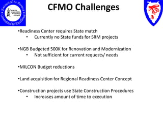 CFMO Challenges

•Readiness Center requires State match
    • Currently no State funds for SRM projects

•NGB Budgeted 500K for Renovation and Modernization
   • Not sufficient for current requests/ needs

•MILCON Budget reductions

•Land acquisition for Regional Readiness Center Concept

•Construction projects use State Construction Procedures
   • Increases amount of time to execution
 