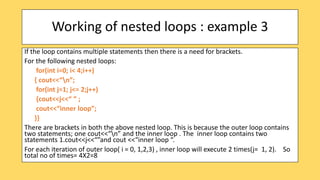 Working of nested loops : example 3
If the loop contains multiple statements then there is a need for brackets.
For the following nested loops:
for(int i=0; i< 4;i++)
{ cout<<“n”;
for(int j=1; j<= 2;j++)
{cout<<j<<“ ” ;
cout<<“inner loop”;
}}
There are brackets in both the above nested loop. This is because the outer loop contains
two statements; one cout<<“n” and the inner loop . The inner loop contains two
statements 1.cout<<j<<“”and cout <<“inner loop “.
For each iteration of outer loop( i = 0, 1,2,3) , inner loop will execute 2 times(j= 1, 2). So
total no of times= 4X2=8
 