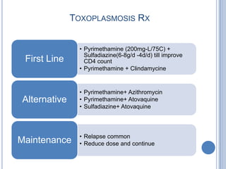 TOXOPLASMOSIS RX


               • Pyrimethamine (200mg-L/75C) +
                 Sulfadiazine(6-8g/d -4d/d) till improve
 First Line      CD4 count
               • Pyrimethamine + Clindamycine


               • Pyrimethamine+ Azithromycin
Alternative    • Pyrimethamine+ Atovaquine
               • Sulfadiazine+ Atovaquine




               • Relapse common
Maintenance    • Reduce dose and continue
 