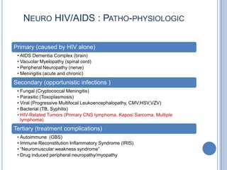 NEURO HIV/AIDS : PATHO-PHYSIOLOGIC

Primary (caused by HIV alone)
 • AIDS Dementia Complex (brain)
 • Vacuolar Myelopathy (spinal cord)
 • Peripheral Neuropathy (nerve)
 • Meningitis (acute and chronic)
Secondary (opportunistic infections )
 • Fungal (Cryptococcal Meningitis)
 • Parasitic (Toxoplasmosis)
 • Viral (Progressive Multifocal Leukoencephalopathy, CMV,HSV,VZV)
 • Bacterial (TB, Syphilis)
 • HIV-Related Tumors (Primary CNS lymphoma, Kaposi Sarcoma, Multiple
   lymphoma)
Tertiary (treatment complications)
 • Autoimmune (GBS)
 • Immune Reconstitution Inflammatory Syndrome (IRIS)
 • “Neuromuscular weakness syndrome”
 • Drug induced peripheral neuropathy/myopathy
 