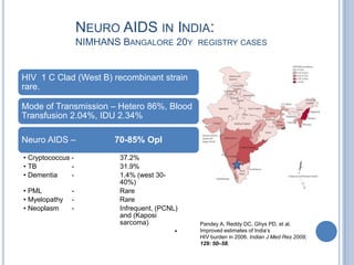 NEURO AIDS IN INDIA:
                   NIMHANS BANGALORE 20Y        REGISTRY CASES



HIV 1 C Clad (West B) recombinant strain
rare.

Mode of Transmission – Hetero 86%, Blood
Transfusion 2.04%, IDU 2.34%

Neuro AIDS –              70-85% OpI
• Cryptococcus -           37.2%
• TB           -           31.9%
• Dementia     -           1.4% (west 30-
                           40%)
• PML          -           Rare
• Myelopathy   -           Rare
• Neoplasm     -           Infrequent, (PCNL)
                           and (Kaposi
                           sarcoma)             Pandey A, Reddy DC, Ghys PD, et al.
                                            •   Improved estimates of India’s
                                                HIV burden in 2006. Indian J Med Res 2009;
                                                129: 50–58.
 