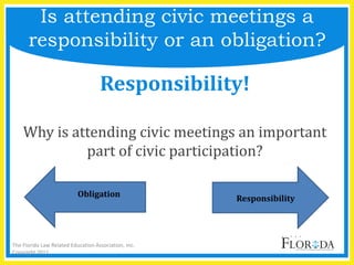 Responsibility!
Why is attending civic meetings an important
part of civic participation?
Is attending civic meetings a
responsibility or an obligation?
Responsibility
Obligation
The Florida Law Related Education Association, Inc.
Copyright 2011
 